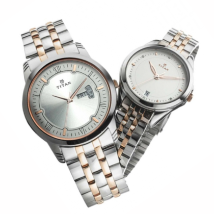 Titan Bandhan 17742565KM01 Day and Date Silver Dial Stainless Steel Strap Quartz Couple Watch